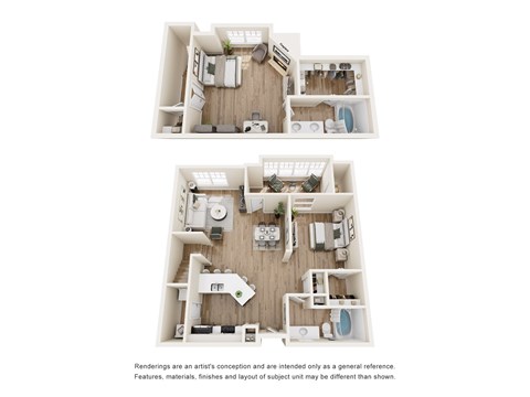 Floor plan for 1 bed, 2 baths, 1379 sqft